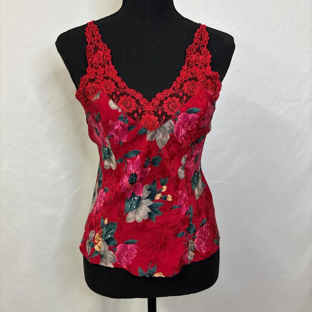 Silk red floral tank top with lace trim